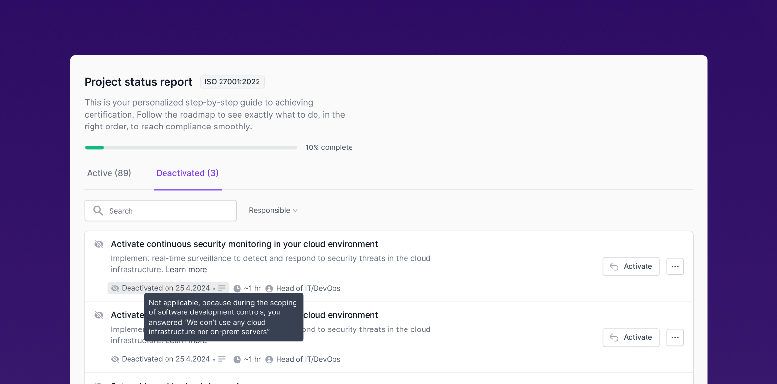 Deactivated PSR tasks